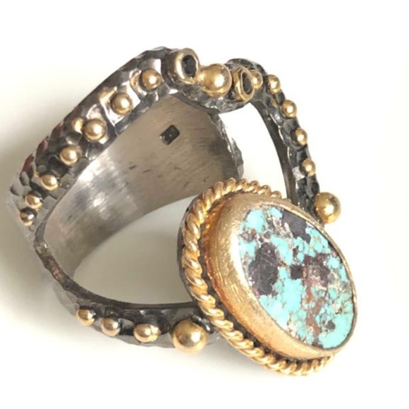 Silver&18K Caribbean Larimar Ocean Green WomenRing - Picture 1 of 6